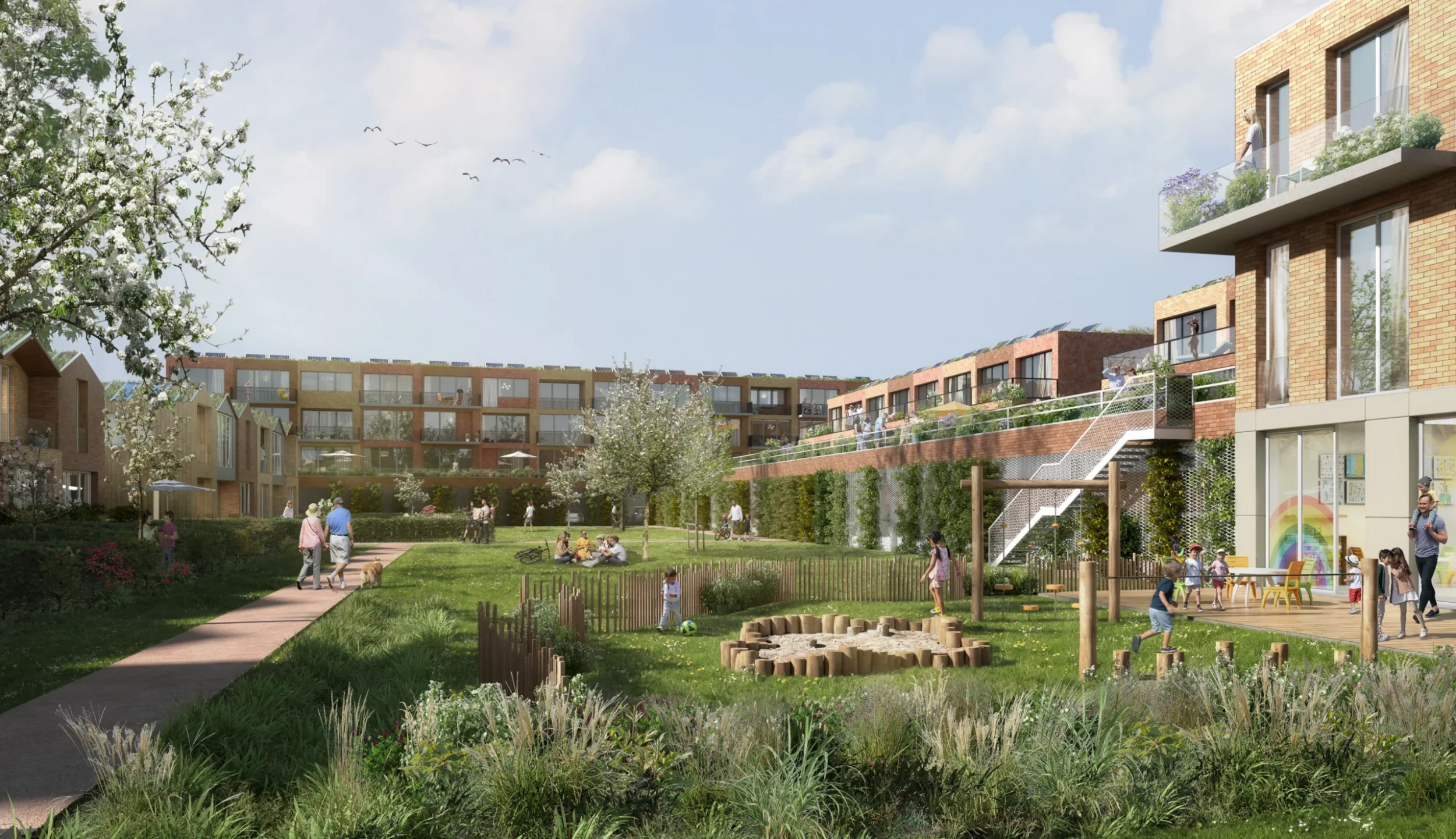 3D visualization of a living area with green space.