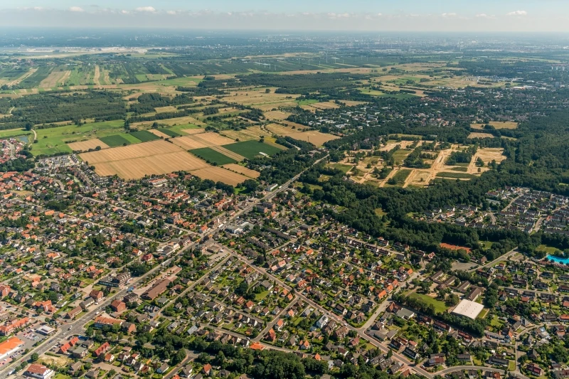 Luftbildaufnahme des Gebiets, das zum Quartier Fischbeker Reethen entwickelt werden soll