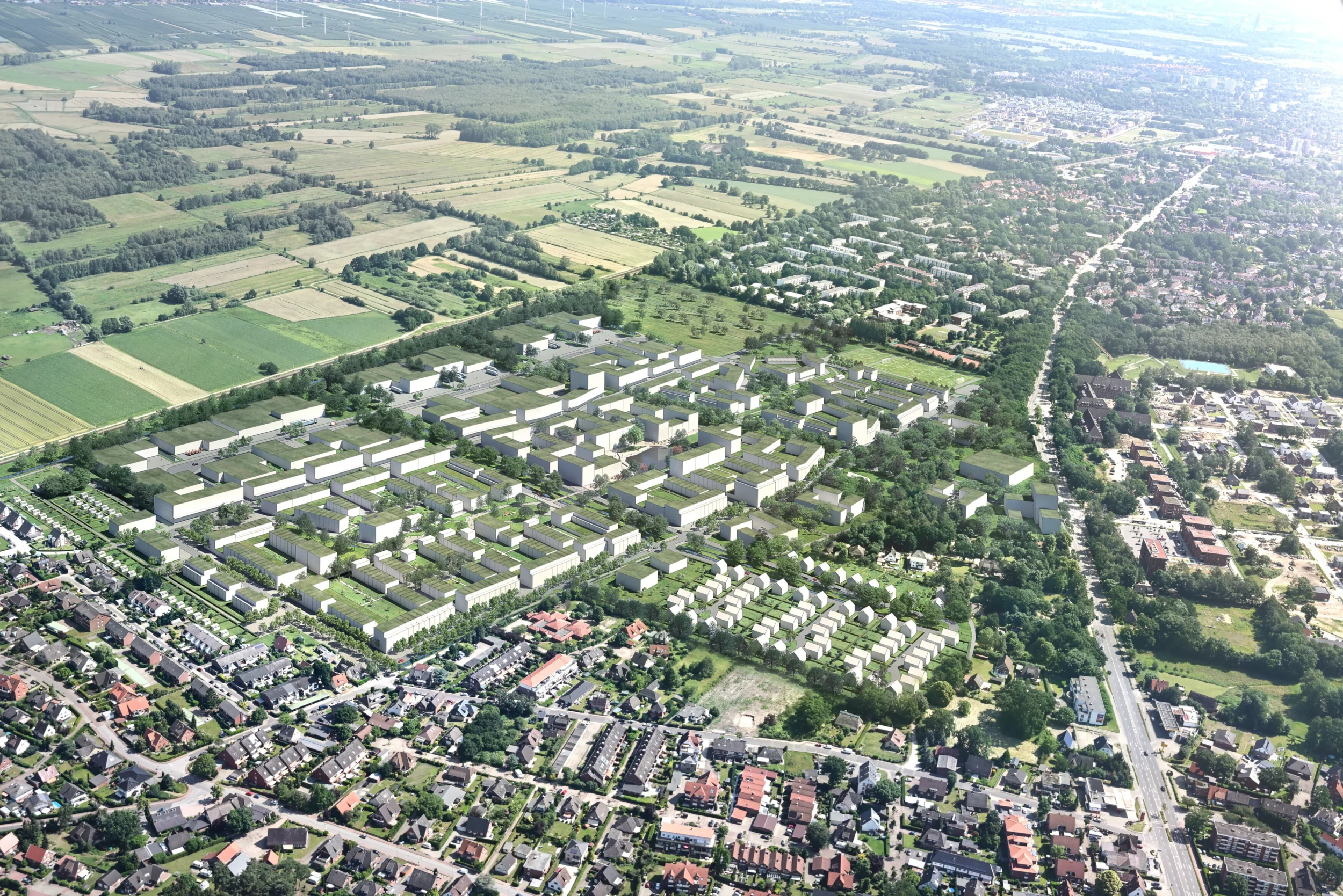 Luftaufnahme des Baugebiets Fischbeker Reethen mit 3D-Visualisierung der Gebäude.